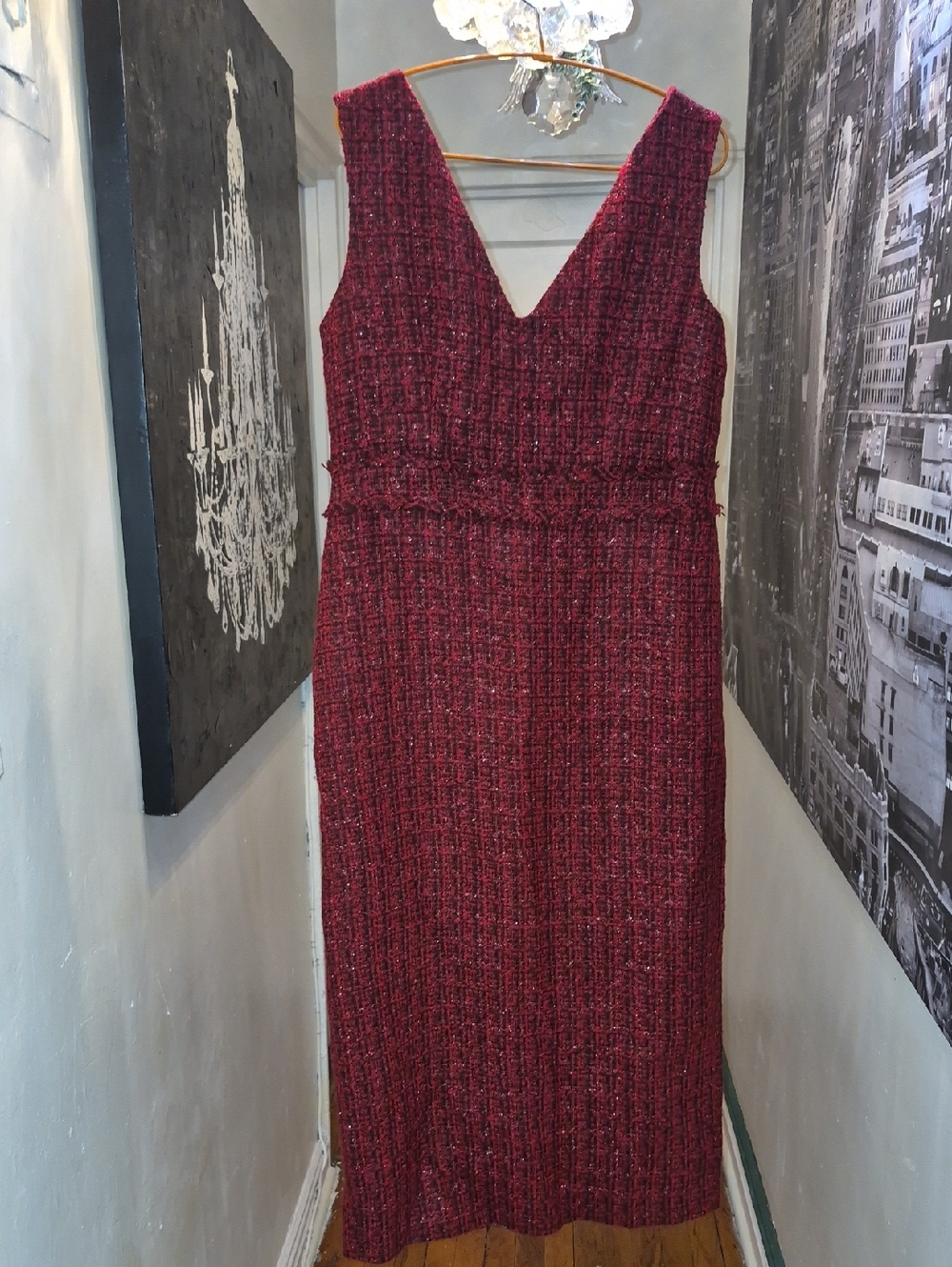 Karen Millen Burgundy Tweed V-Neck Maxi Dress